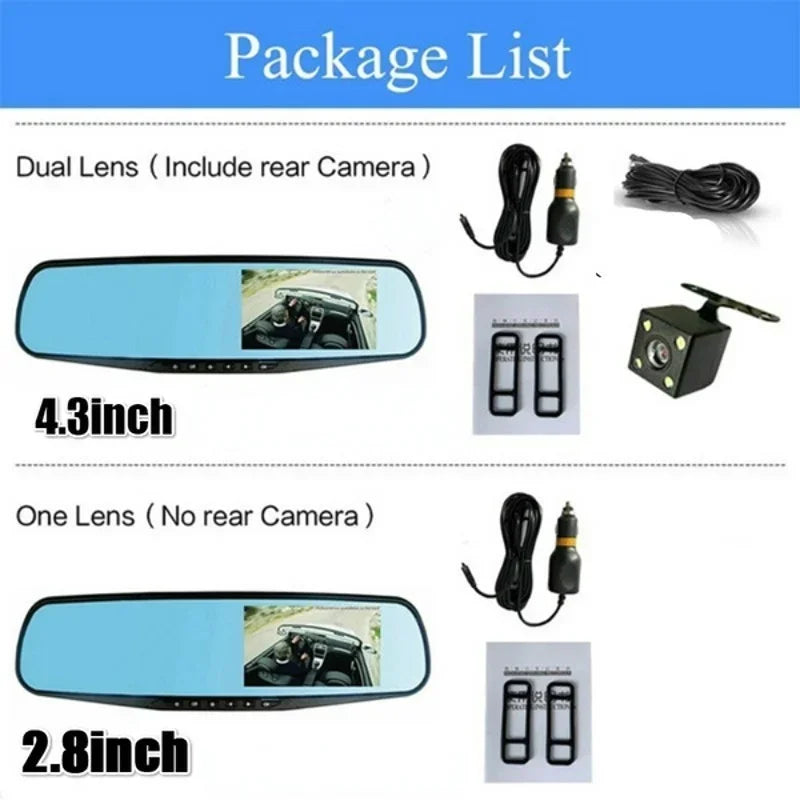 Car Rearview Mirror DVR 1080P Dual Lens Driving Video Recorder Rearview Dash Camera 4.3/2.8inch Car Electronics Accessories