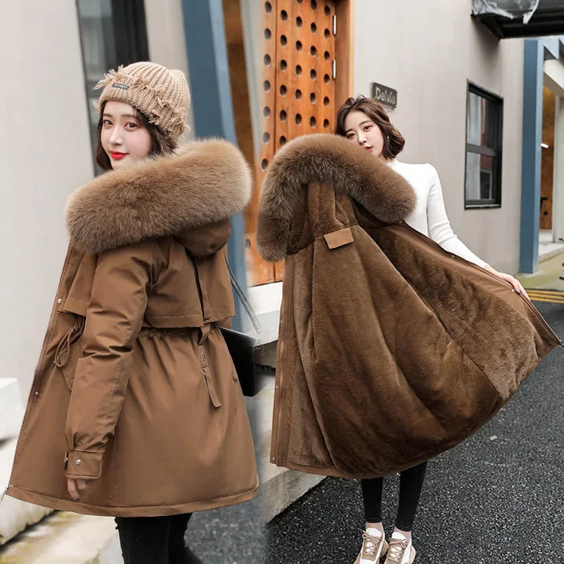 Women's Long Coat Parkas Winter Jacket Women 2024 Fashion Wool Liner Hooded Parka Slim Warm Female Jacket Womens Coats