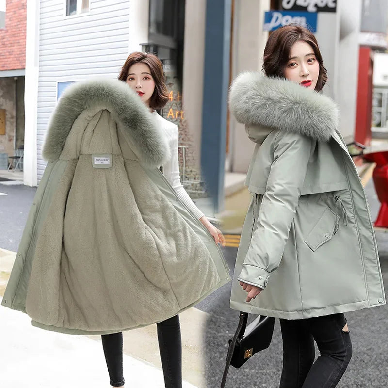 Women's Long Coat Parkas Winter Jacket Women 2024 Fashion Wool Liner Hooded Parka Slim Warm Female Jacket Womens Coats