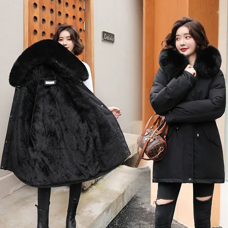 Women's Long Coat Parkas Winter Jacket Women 2024 Fashion Wool Liner Hooded Parka Slim Warm Female Jacket Womens Coats