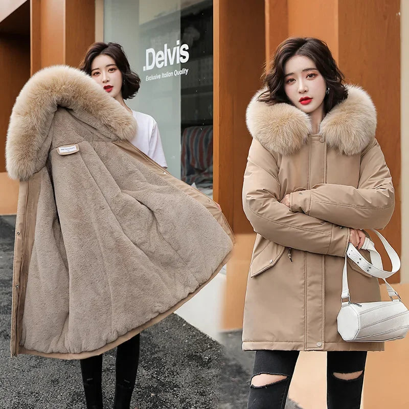 Women's Long Coat Parkas Winter Jacket Women 2024 Fashion Wool Liner Hooded Parka Slim Warm Female Jacket Womens Coats